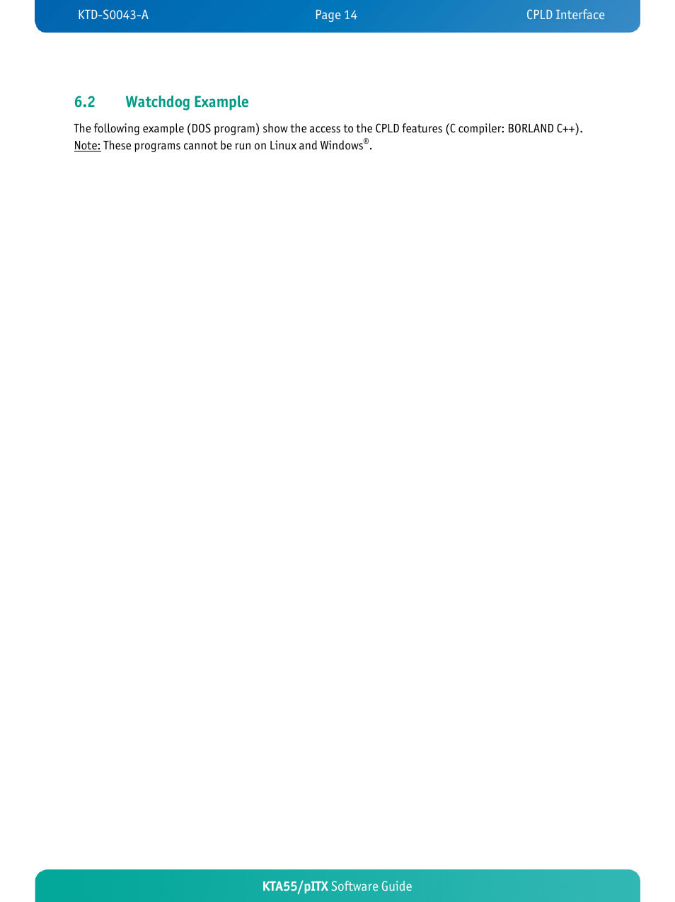 Watchdog example, 2 watchdog example, Kta55/pitx software guide | Kontron KTA55-pITX User Manual | Page 17 / 25