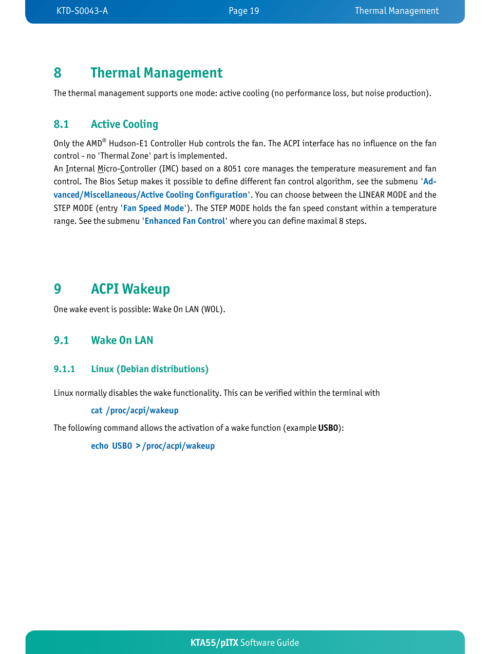 Thermal management, Active cooling, Acpi wakeup | Wake on lan, Linux (debian distributions), 8thermal management, 9acpi wakeup, 1 active cooling, 1 wake on lan | Kontron KTA55-pITX User Manual | Page 22 / 25