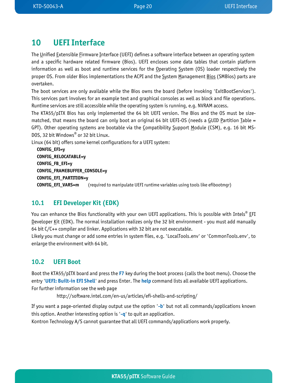 Uefi interface, Efi developer kit (edk), Uefi boot | 10 uefi interface, 1 efi developer kit (edk), 2 uefi boot | Kontron KTA55-pITX User Manual | Page 23 / 25