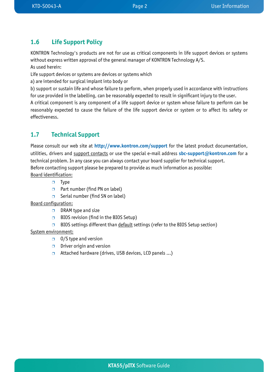 Life support policy, Technical support, 6 life support policy | 7 technical support | Kontron KTA55-pITX User Manual | Page 5 / 25