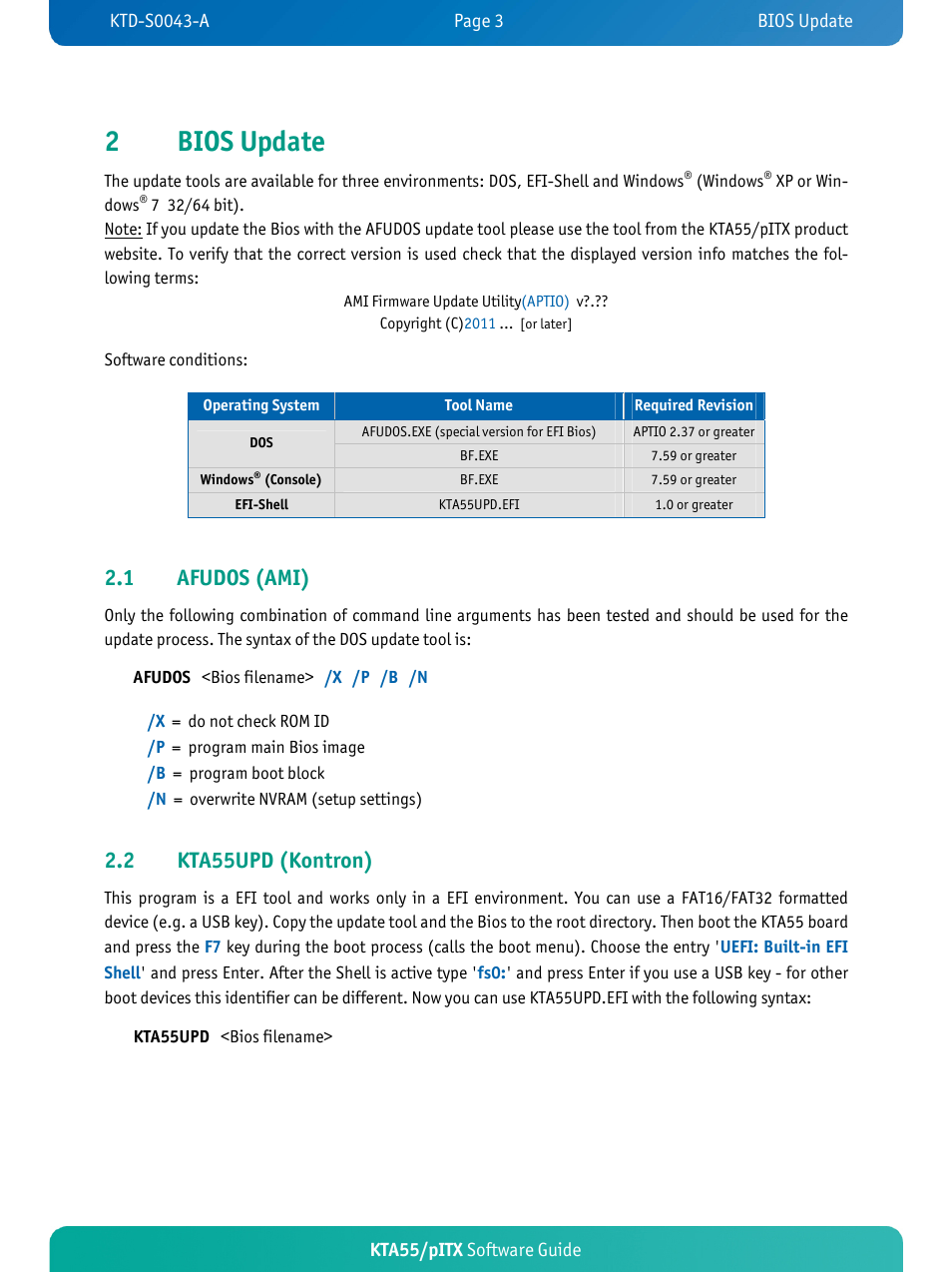 Bios update, Afudos (ami), Kta55upd (kontron) | 2bios update, 1 afudos (ami), 2 kta55upd (kontron) | Kontron KTA55-pITX User Manual | Page 6 / 25