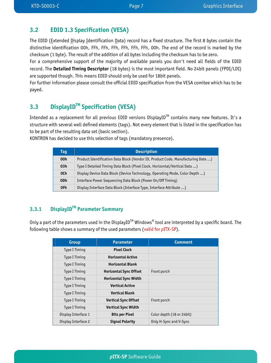 2 edid 1.3 specification (vesa), 3 displayid, Specification (vesa) | Pitx-sp software guide, 1 displayid, Parameter summary | Kontron pITX-SP User Manual | Page 11 / 59