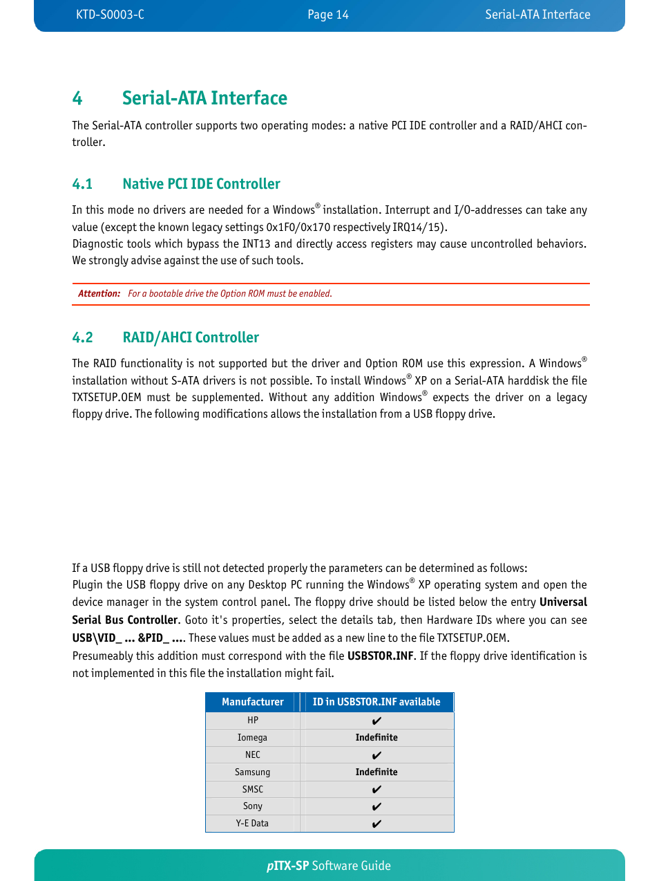 4serial-ata interface, 1 native pci ide controller, 2 raid/ahci controller | Pitx-sp software guide | Kontron pITX-SP User Manual | Page 18 / 59