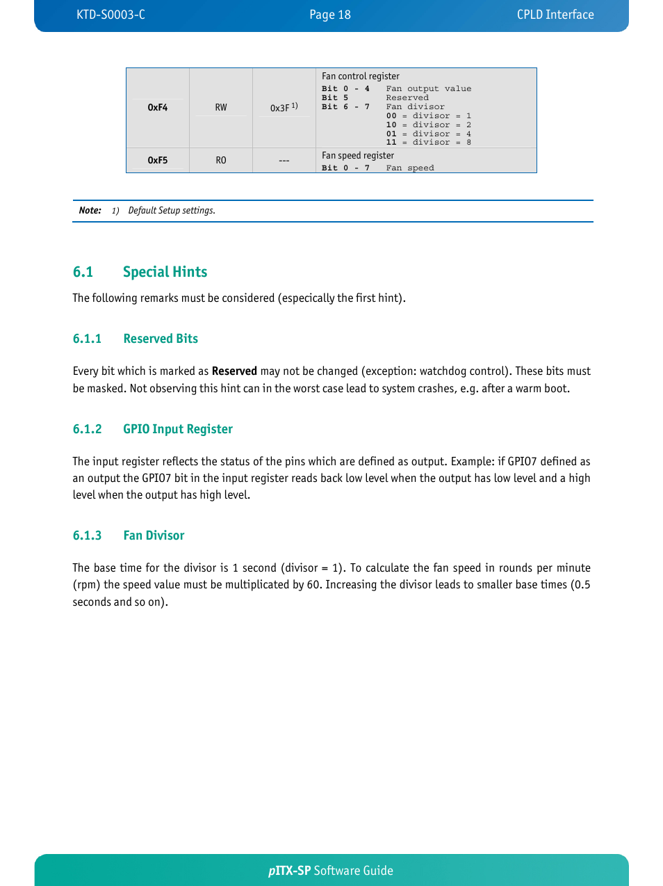 1 special hints, Pitx-sp software guide, 1 reserved bits | 2 gpio input register, 3 fan divisor | Kontron pITX-SP User Manual | Page 22 / 59