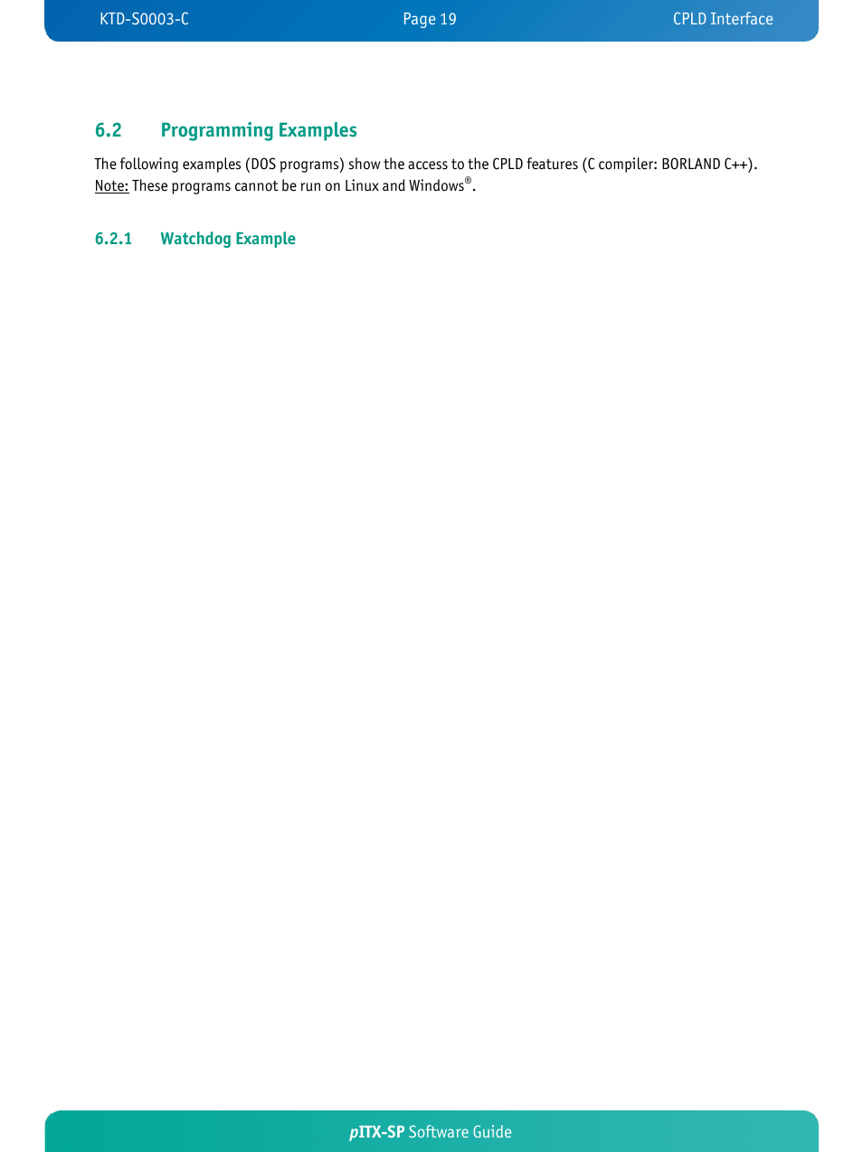 2 programming examples, Pitx-sp software guide, 1 watchdog example | Kontron pITX-SP User Manual | Page 23 / 59