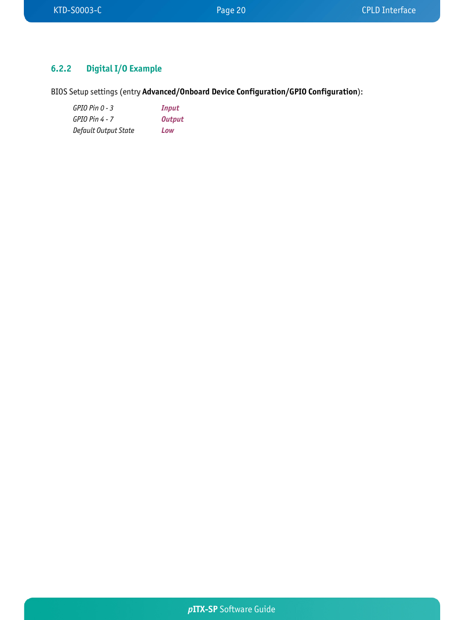 Pitx-sp software guide 6.2.2 digital i/o example | Kontron pITX-SP User Manual | Page 24 / 59