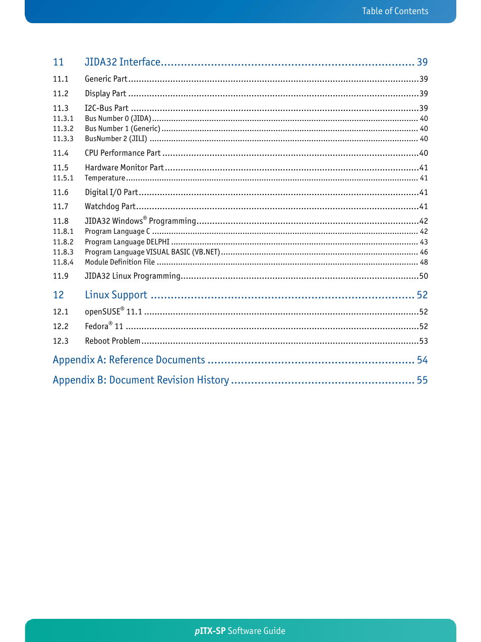 Jida32 interface, Linux support, Appendix a: reference documents | Appendix b: document revision history | Kontron pITX-SP User Manual | Page 4 / 59