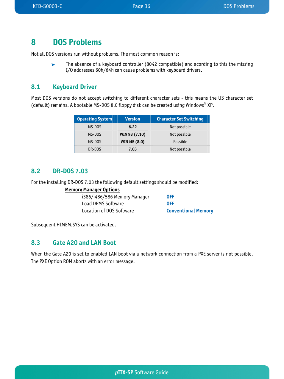 8dos problems, 1 keyboard driver, 2 dr-dos 7.03 | 3 gate a20 and lan boot | Kontron pITX-SP User Manual | Page 40 / 59