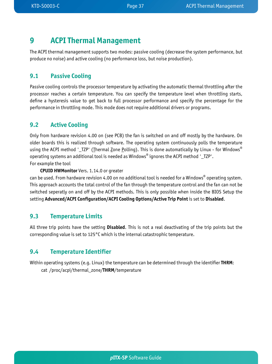 9acpi thermal management, 1 passive cooling, 2 active cooling | 3 temperature limits, 4 temperature identifier | Kontron pITX-SP User Manual | Page 41 / 59