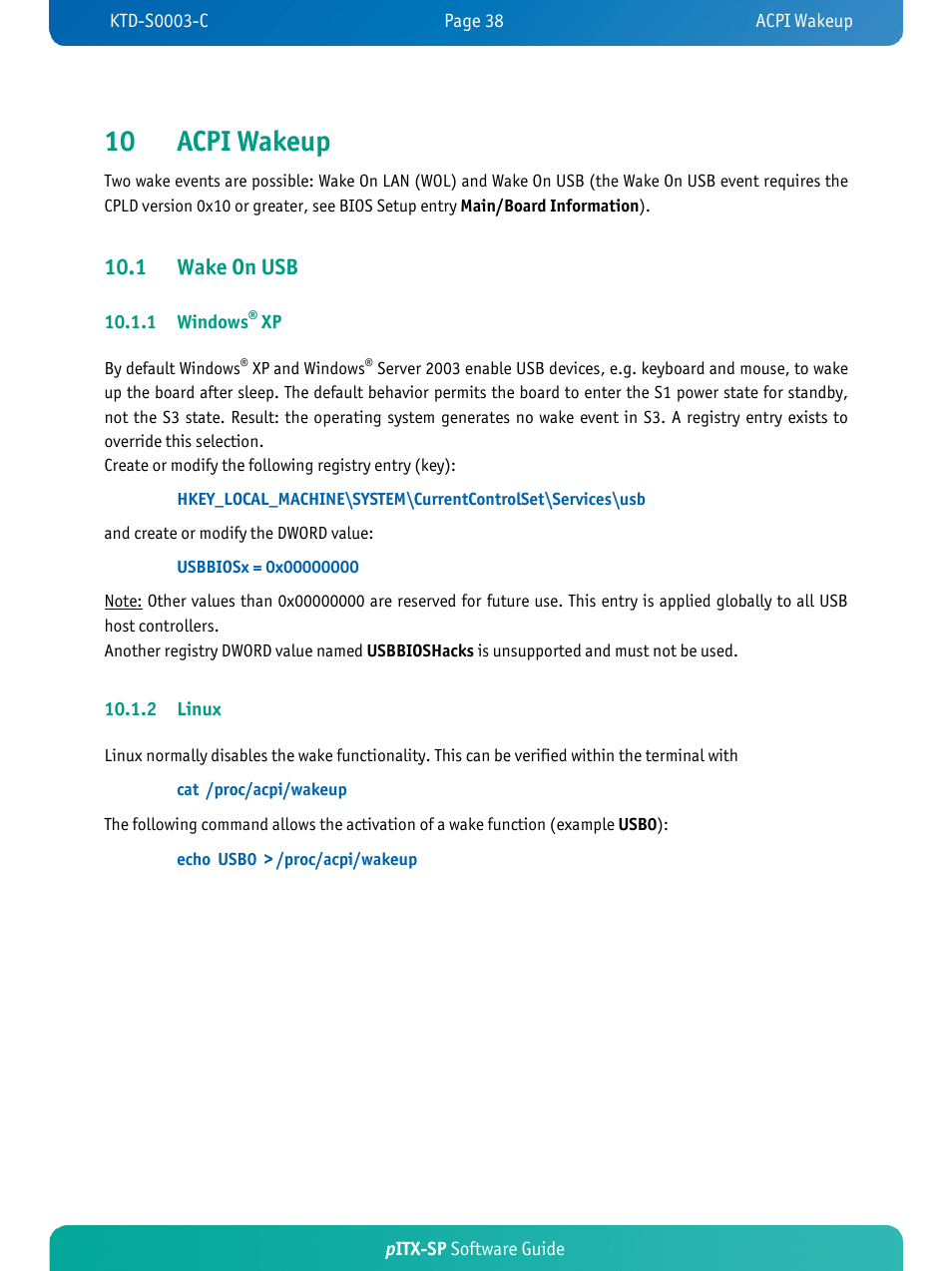 10 acpi wakeup, 1 wake on usb, Pitx-sp software guide | 1 windows, 2 linux | Kontron pITX-SP User Manual | Page 42 / 59