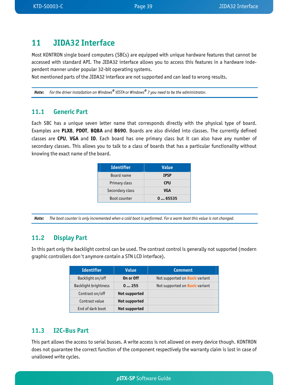 11 jida32 interface, 1 generic part, 2 display part | 3 i2c-bus part, Pitx-sp software guide | Kontron pITX-SP User Manual | Page 43 / 59