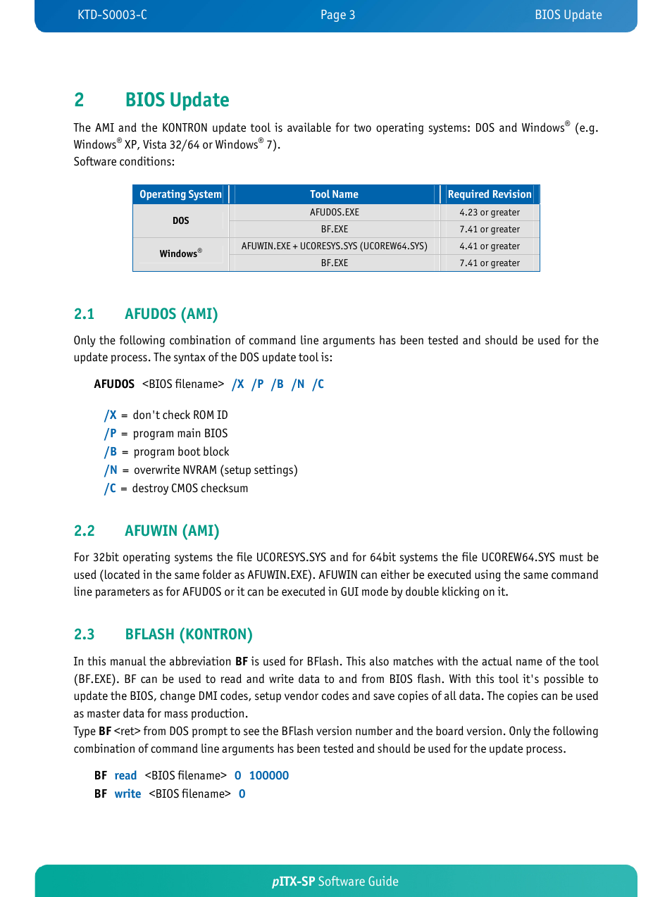 2bios update, 1 afudos (ami), 2 afuwin (ami) | 3 bflash (kontron) | Kontron pITX-SP User Manual | Page 7 / 59