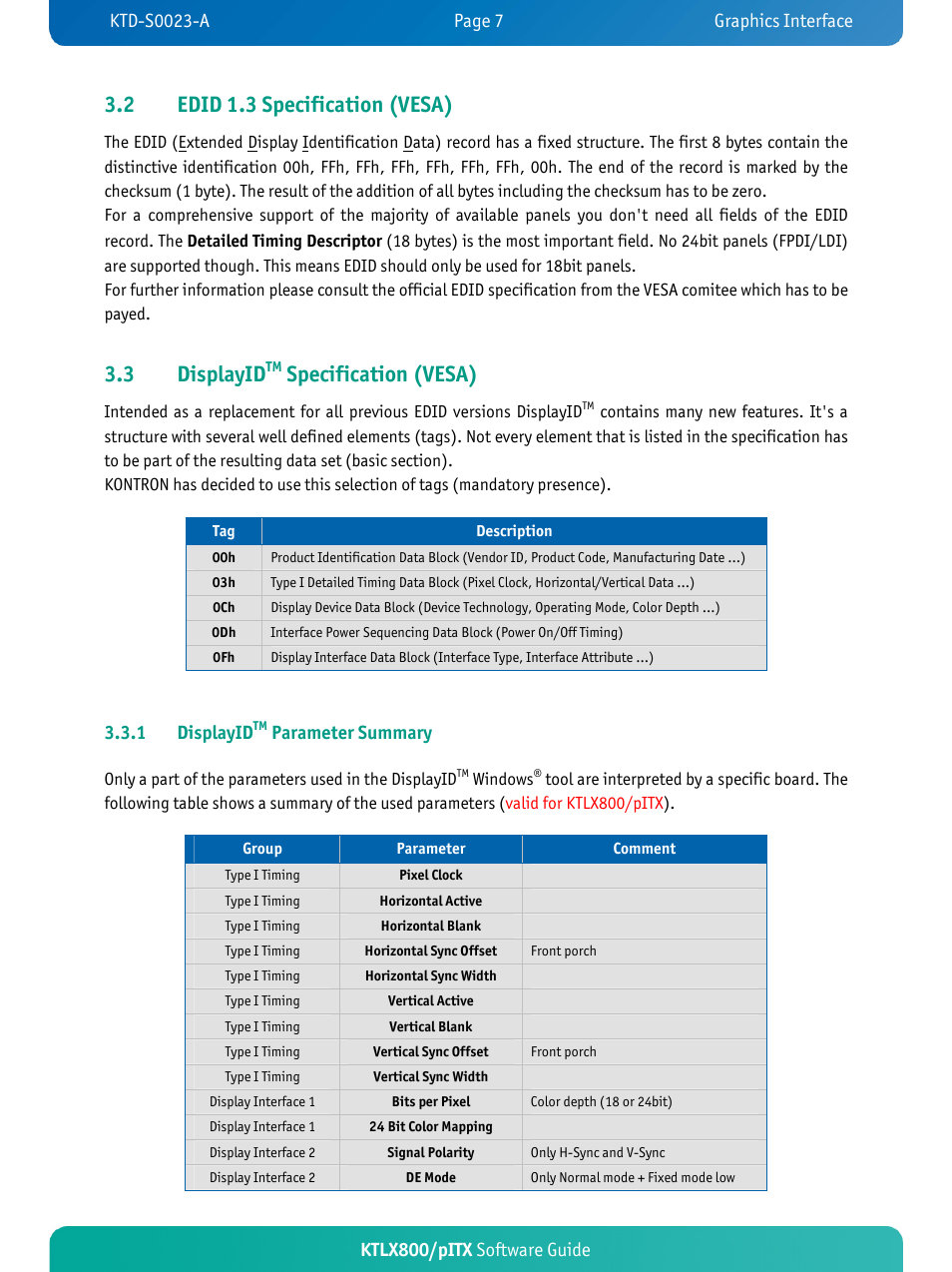 2 edid 1.3 specification (vesa), 3 displayid, Specification (vesa) | Ktlx800/pitx software guide, 1 displayid, Parameter summary | Kontron KTLX800-pITX User Manual | Page 10 / 37