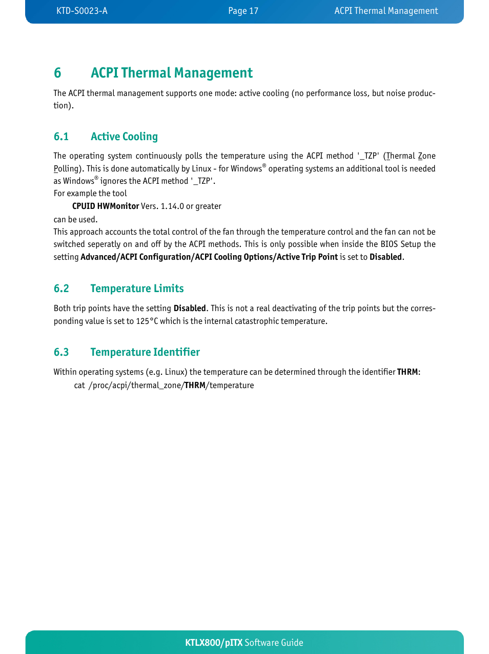 6acpi thermal management, 1 active cooling, 2 temperature limits | 3 temperature identifier | Kontron KTLX800-pITX User Manual | Page 20 / 37