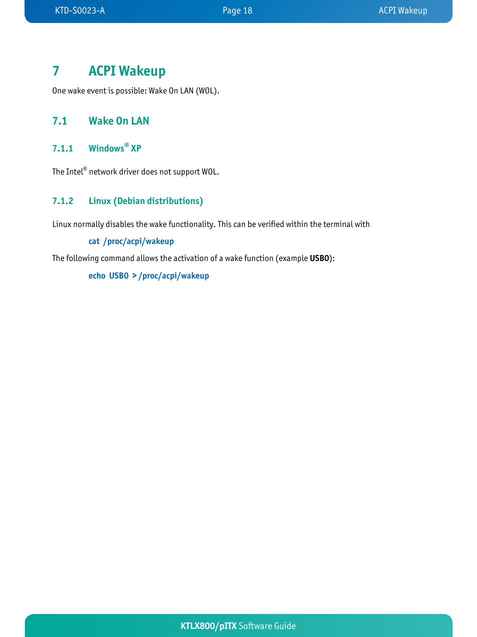 7acpi wakeup, 1 wake on lan | Kontron KTLX800-pITX User Manual | Page 21 / 37