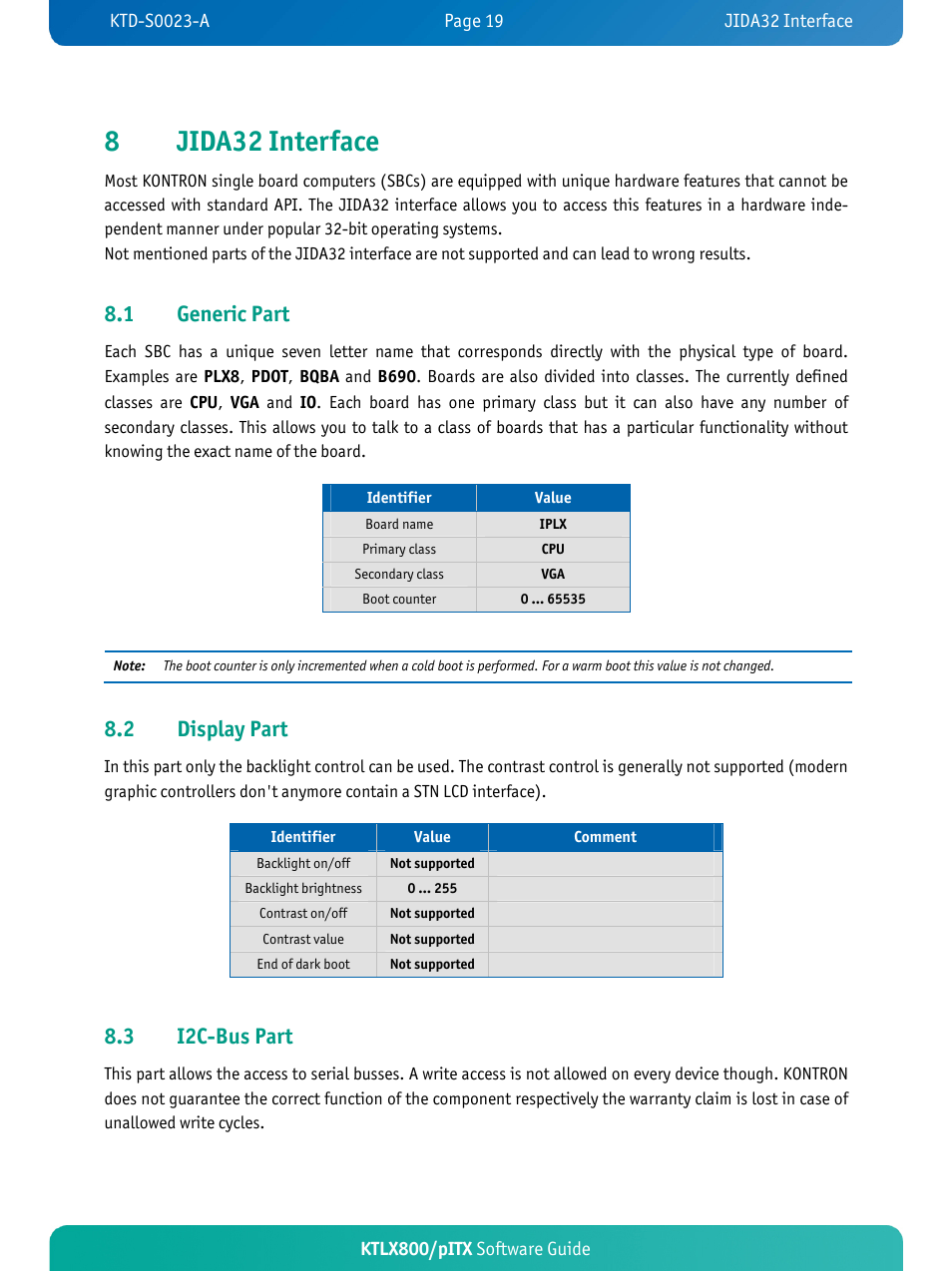 8jida32 interface, 1 generic part, 2 display part | 3 i2c-bus part | Kontron KTLX800-pITX User Manual | Page 22 / 37