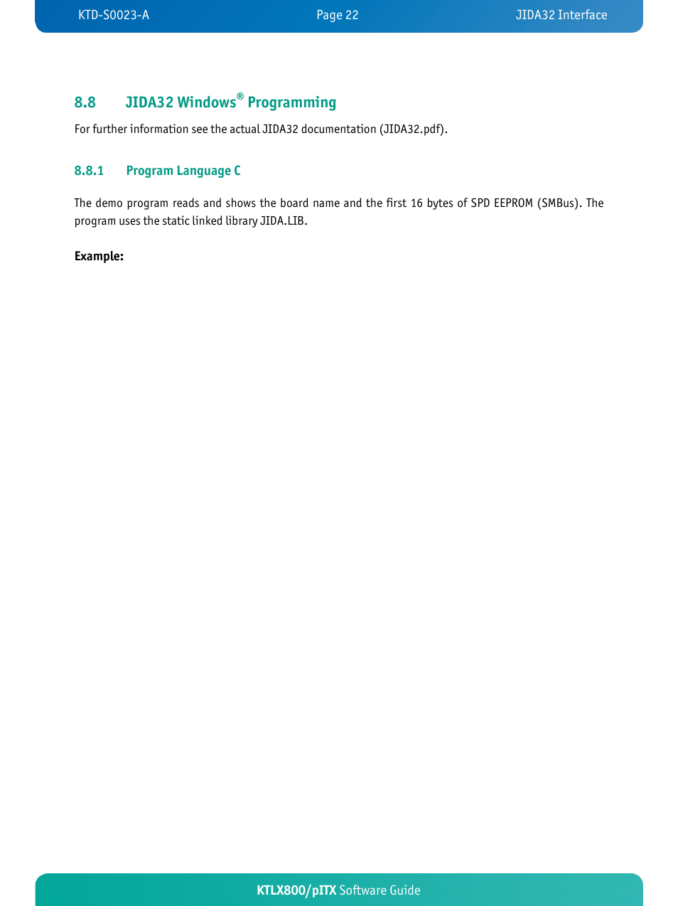 8 jida32 windows, Programming, Ktlx800/pitx software guide | 1 program language c, Example | Kontron KTLX800-pITX User Manual | Page 25 / 37