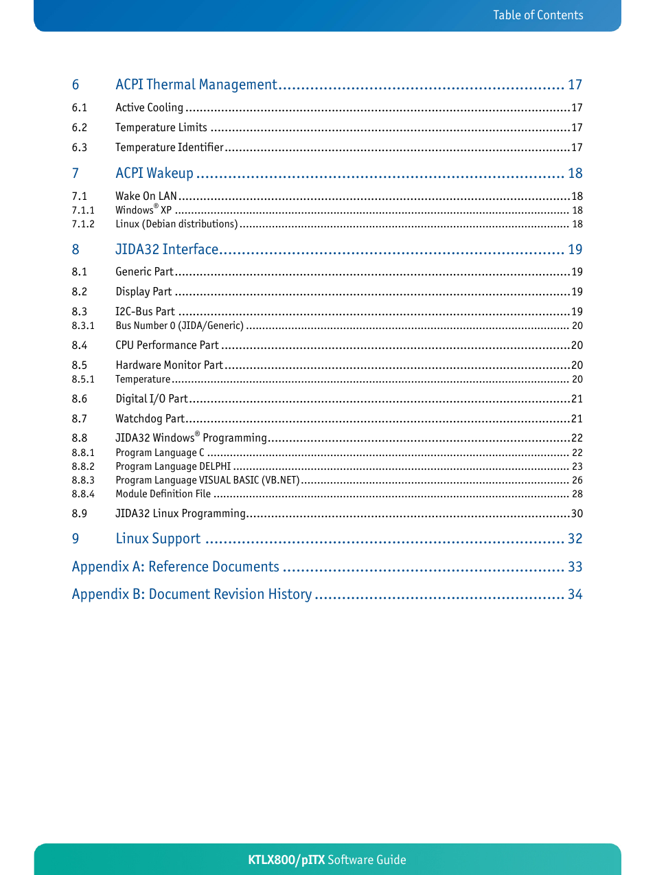Acpi thermal management, Acpi wakeup, Jida32 interface | Linux support, Appendix a: reference documents, Appendix b: document revision history | Kontron KTLX800-pITX User Manual | Page 3 / 37