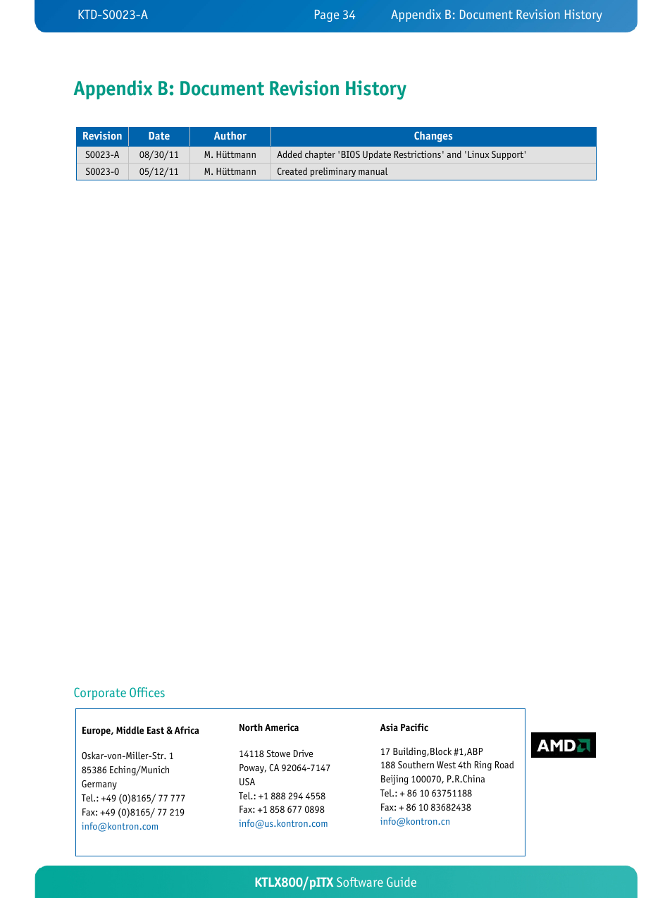 Appendix b: document revision history | Kontron KTLX800-pITX User Manual | Page 37 / 37
