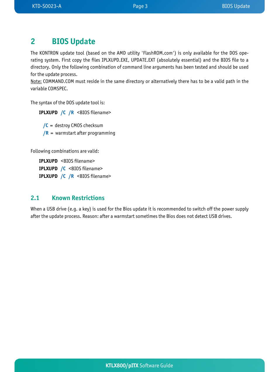 2bios update, 1 known restrictions | Kontron KTLX800-pITX User Manual | Page 6 / 37