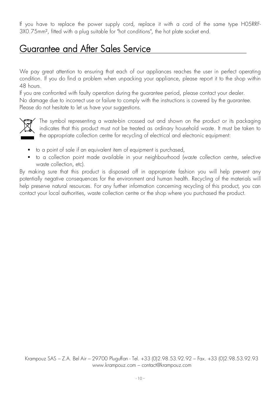 Guarantee and after sales service | Krampouz Yello User Manual | Page 10 / 20