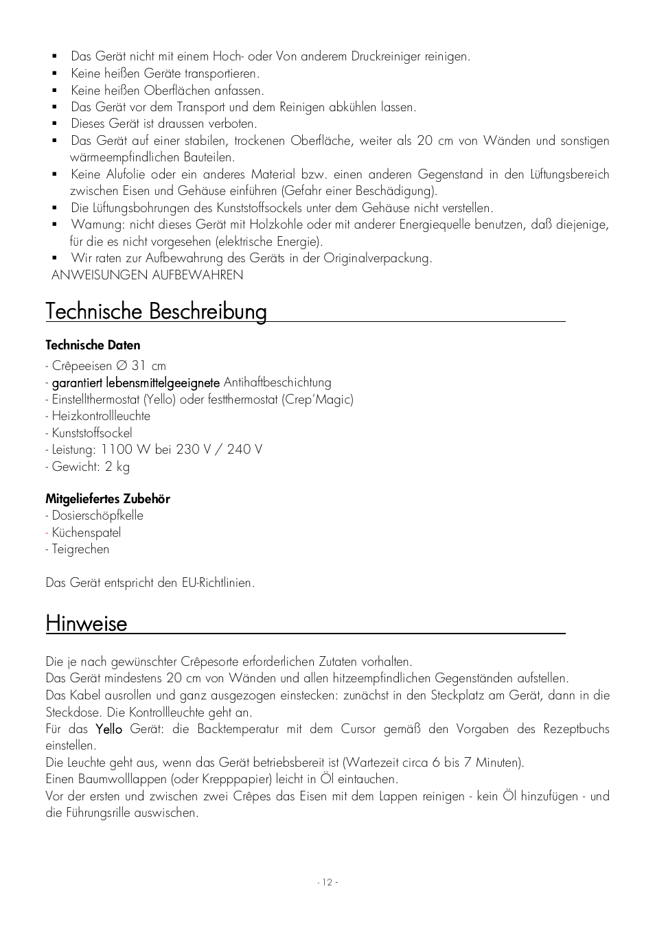 Technische beschreibung, Hinweise | Krampouz Yello User Manual | Page 12 / 20