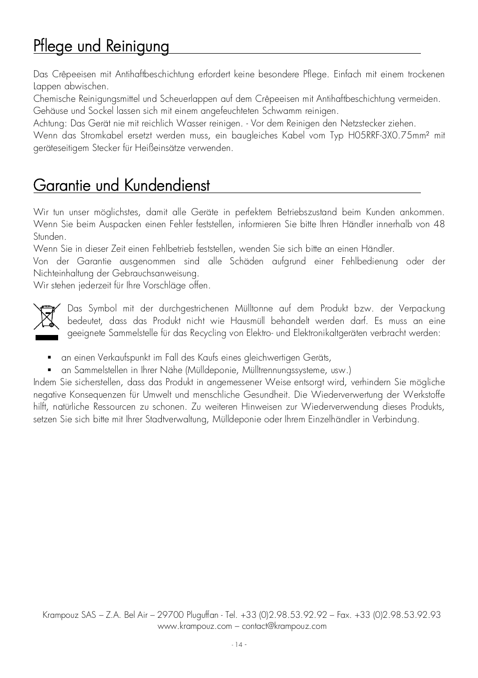 Pflege und reinigung, Garantie und kundendienst | Krampouz Yello User Manual | Page 14 / 20