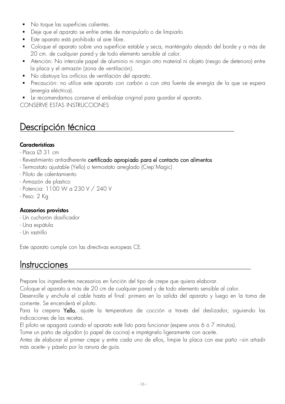 Descripción técnica, Instrucciones | Krampouz Yello User Manual | Page 16 / 20