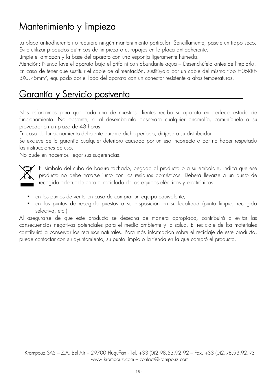 Mantenimiento y limpieza, Garantía y servicio postventa | Krampouz Yello User Manual | Page 18 / 20