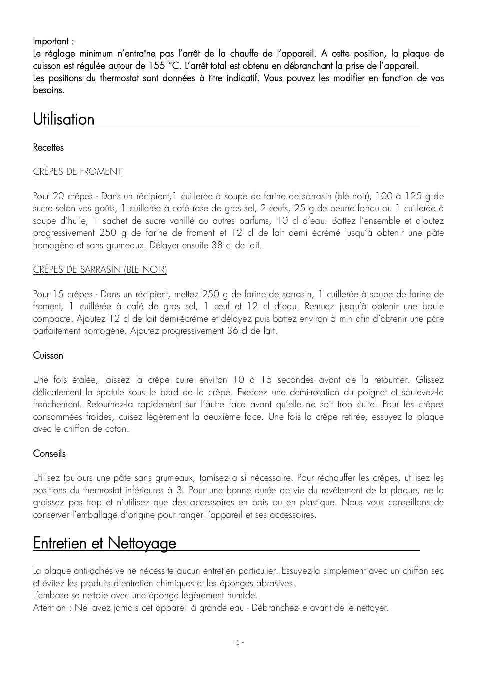 Utilisation, Entretien et nettoyage | Krampouz Yello User Manual | Page 5 / 20