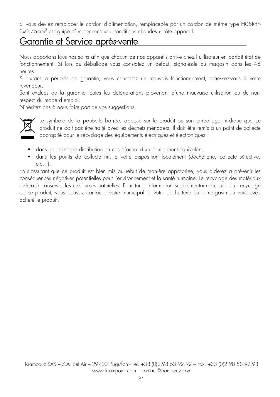 Garantie et service après-vente | Krampouz Yello User Manual | Page 6 / 20