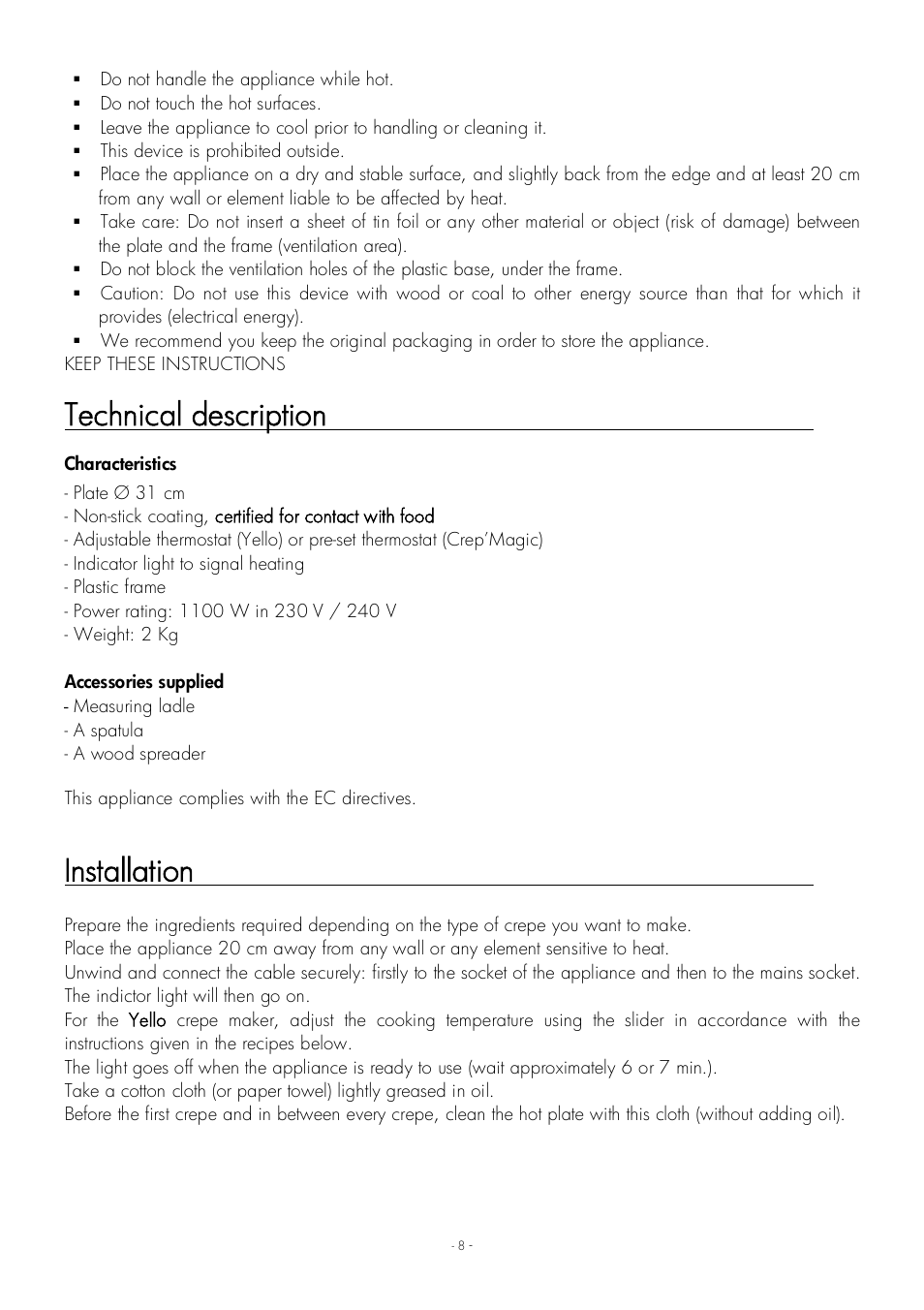 Technical description, Installation | Krampouz Yello User Manual | Page 8 / 20