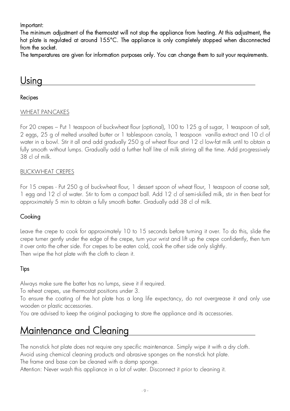 Using, Maintenance and cleaning | Krampouz Yello User Manual | Page 9 / 20