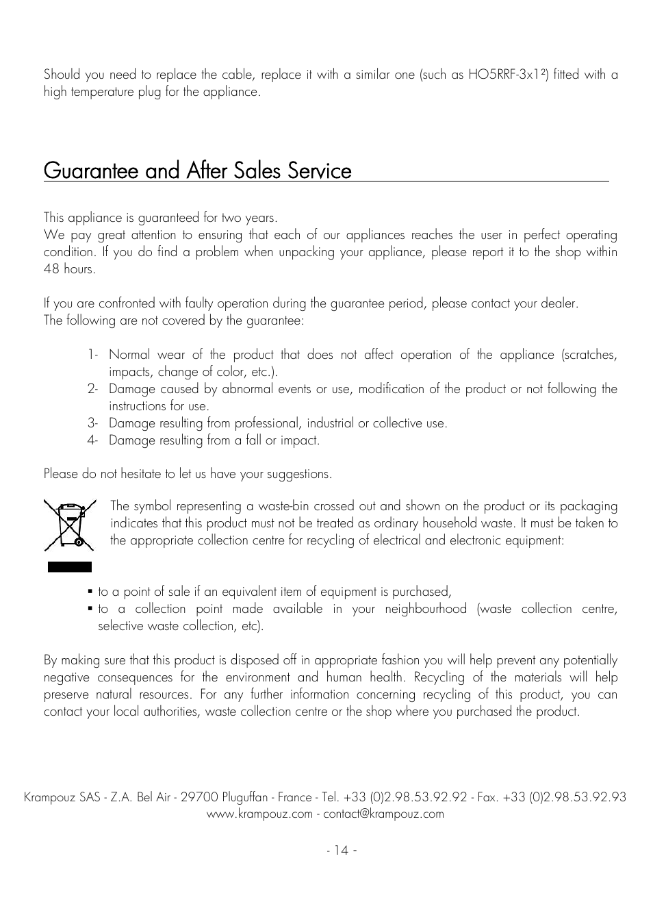 Guarantee and after sales service | Krampouz Deliss plancha User Manual | Page 14 / 28