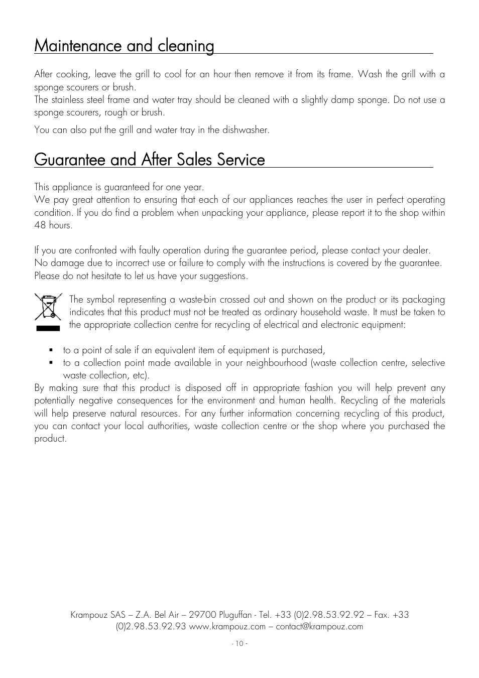Maintenance and cleaning, Guarantee and after sales service | Krampouz Authentic User Manual | Page 10 / 20