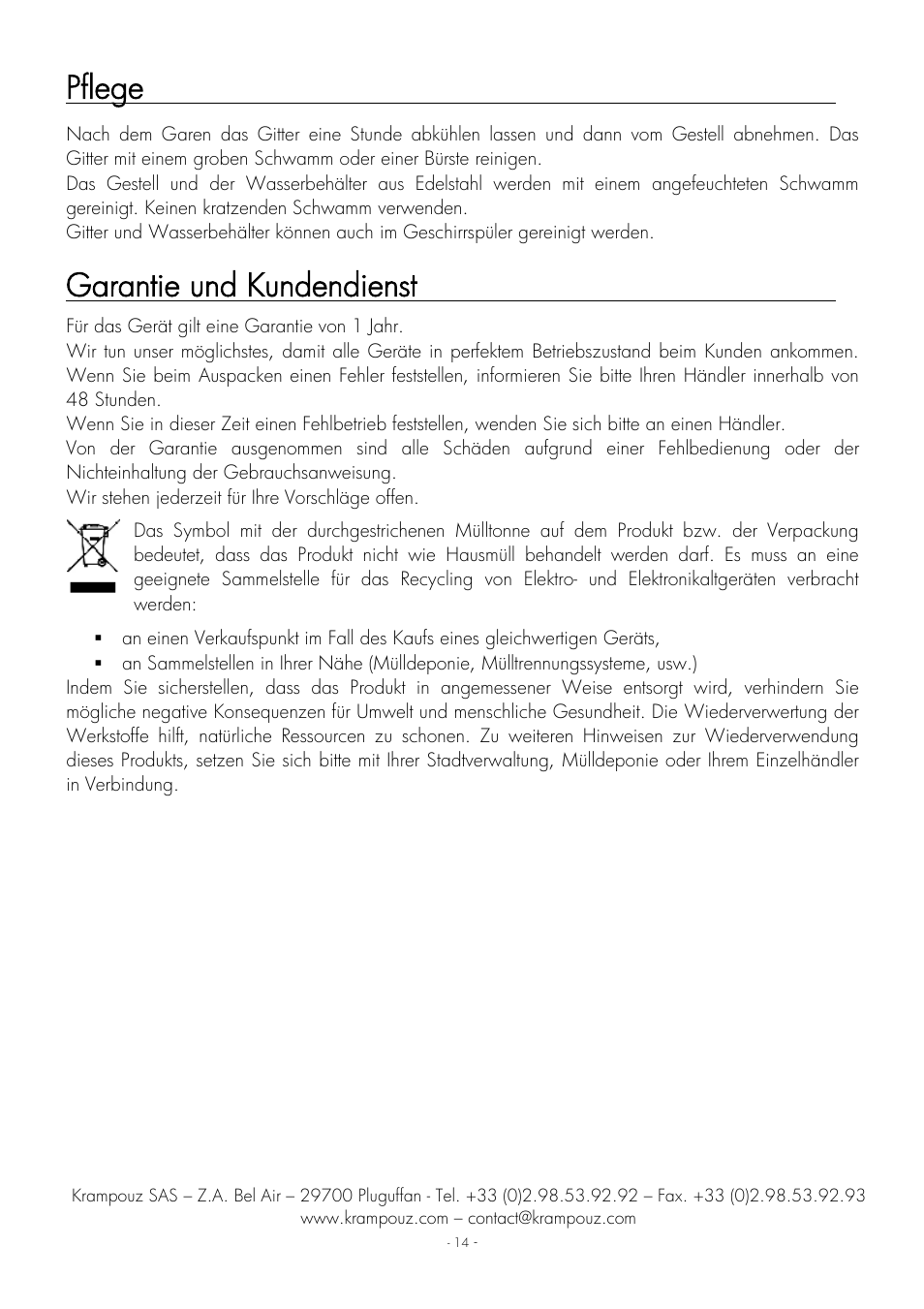 Pflege, Garantie und kundendienst | Krampouz Authentic User Manual | Page 14 / 20