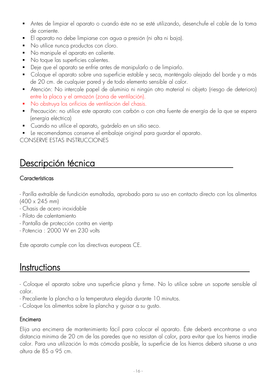 Descripción técnica, Instructions | Krampouz Authentic User Manual | Page 16 / 20