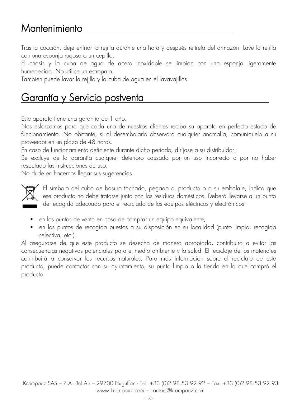 Mantenimiento, Garantía y servicio postventa | Krampouz Authentic User Manual | Page 18 / 20