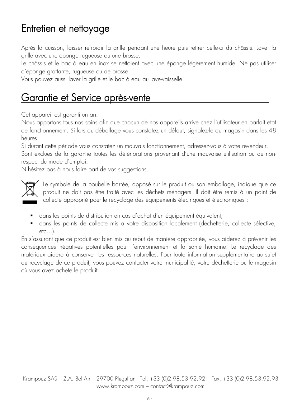 Entretien et nettoyage, Garantie et service après-vente | Krampouz Authentic User Manual | Page 6 / 20