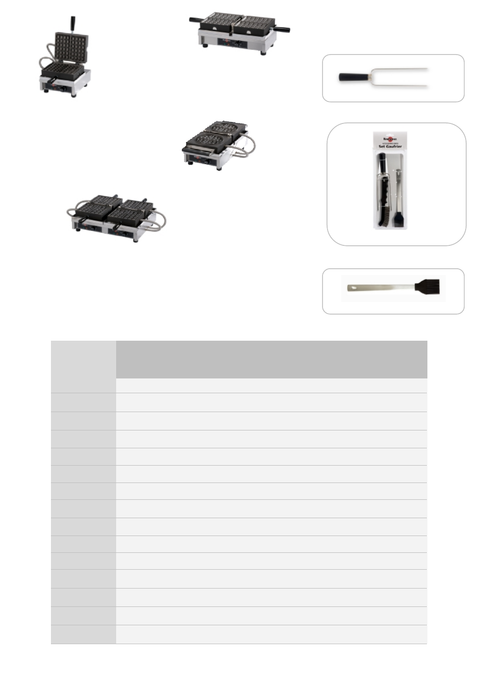 Pensez aux accessoires : demandez notre catalogue, Gaufriers doubles ouverture 180, Gaufriers simples ouverture 180 | Pinceau silicone / silicone brush aps2, Poignées, Droites) | Krampouz Waffle maker CE User Manual | Page 2 / 32