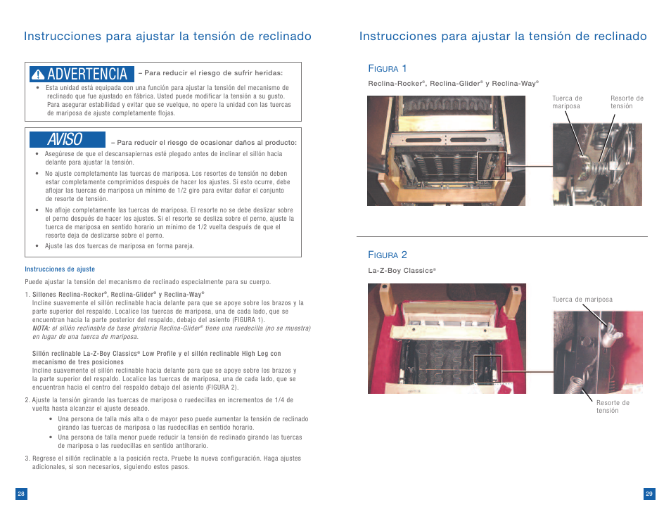 Aviso, Advertencia, Instrucciones para ajustar la tensión de reclinado | La-Z-Boy Reclining Chair prior to 12/31/2012 User Manual | Page 15 / 25