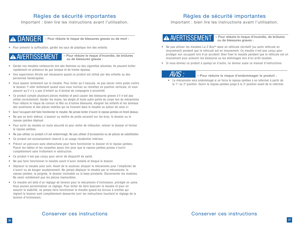 Avis, Danger avertissement, Avertissement | Règles de sécurité importantes, Conserver ces instructions | La-Z-Boy Reclining Chair prior to 12/31/2012 User Manual | Page 19 / 25