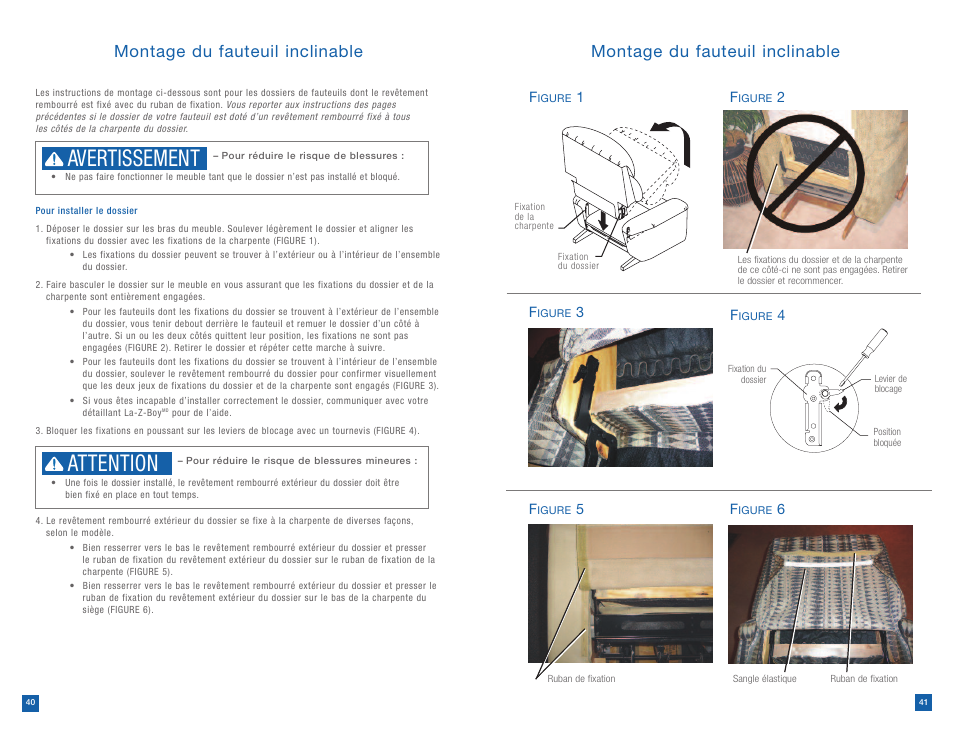 Avertissement, Attention, Montage du fauteuil inclinable | La-Z-Boy Reclining Chair prior to 12/31/2012 User Manual | Page 21 / 25