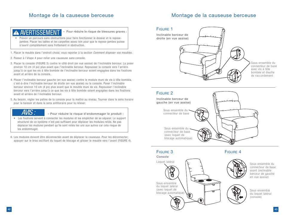 Avis, Avertissement, Montage de la causeuse berceuse | La-Z-Boy Reclining Chair prior to 12/31/2012 User Manual | Page 22 / 25