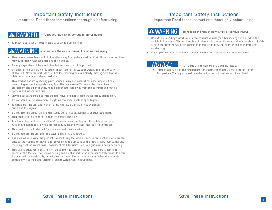 Notice, Danger warning, Warning | Important safety instructions, Save these instructions | La-Z-Boy Reclining Chair prior to 12/31/2012 User Manual | Page 3 / 25