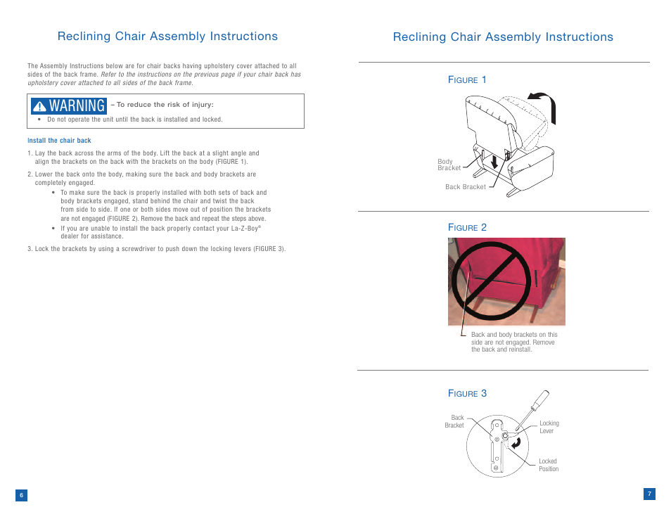 Warning, Reclining chair assembly instructions | La-Z-Boy Reclining Chair prior to 12/31/2012 User Manual | Page 4 / 25