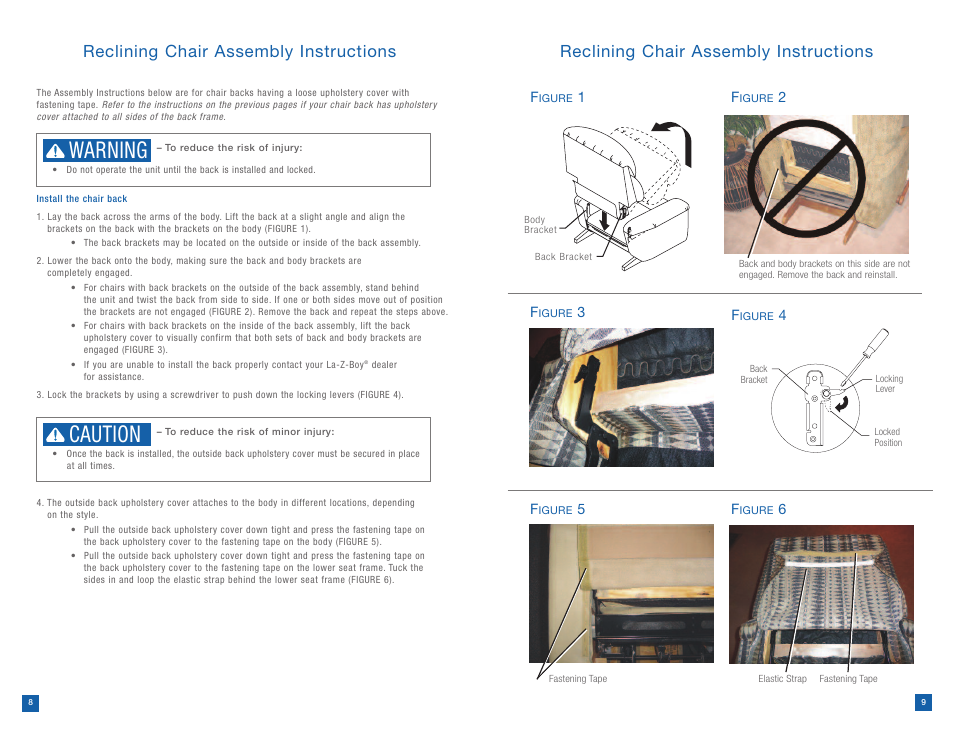 Warning, Caution, Reclining chair assembly instructions | La-Z-Boy Reclining Chair prior to 12/31/2012 User Manual | Page 5 / 25