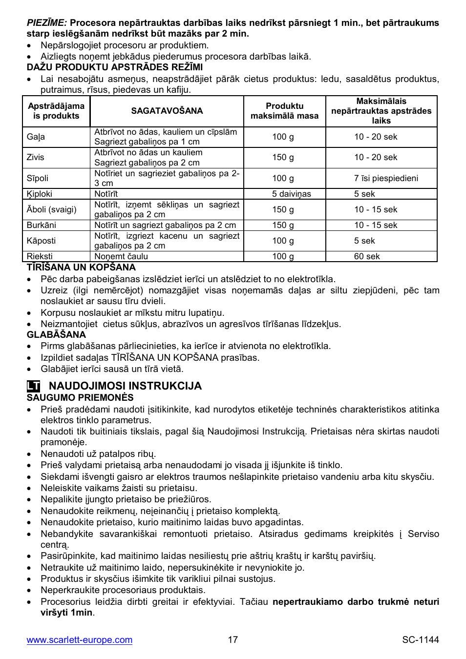 Lt naudojimosi instrukcija | Scarlett SC-1144 User Manual | Page 17 / 24