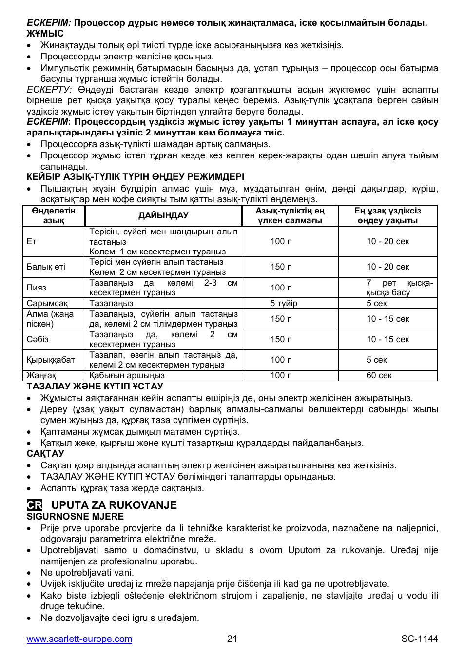 Cr uputa za rukovanje | Scarlett SC-1144 User Manual | Page 21 / 24