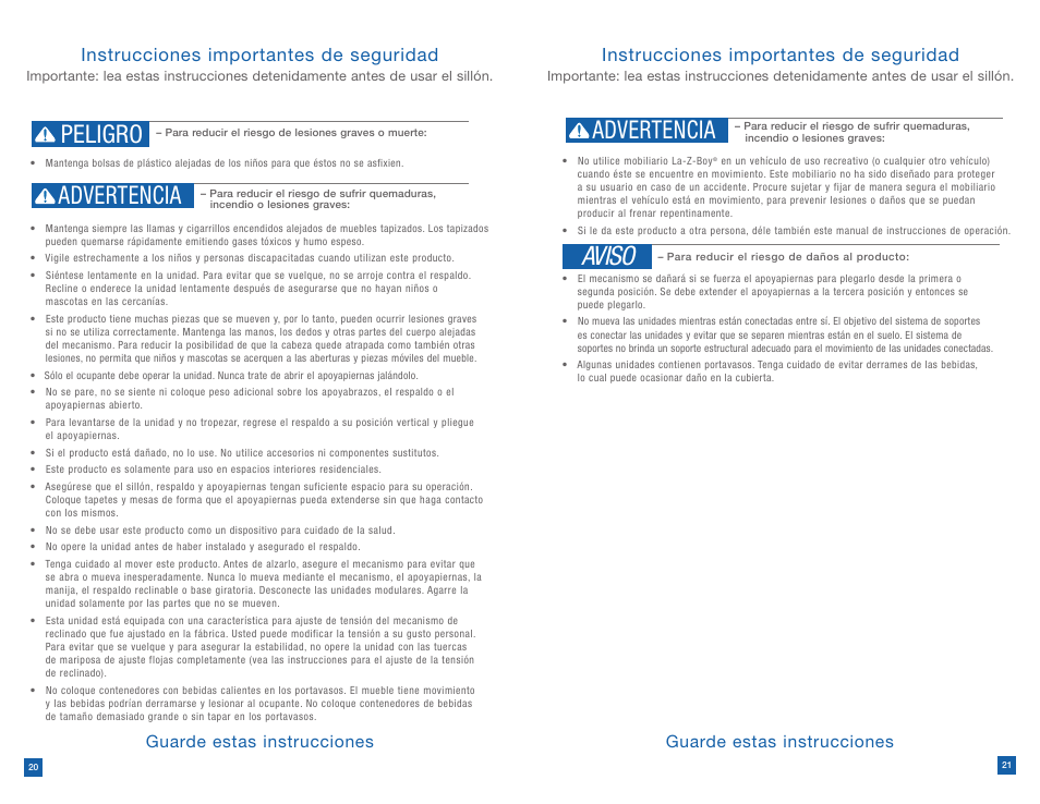 Aviso, Peligro advertencia, Advertencia | Instrucciones importantes de seguridad, Guarde estas instrucciones | La-Z-Boy Reclining Chair after 12/31/2012 User Manual | Page 11 / 25